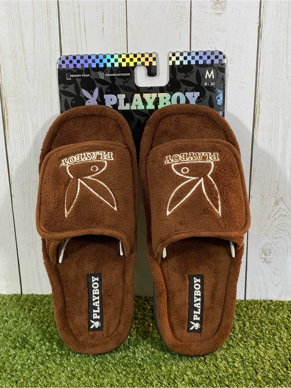 PLAYBOY Brown Plush Slide Slippers with Logo Men's 9-10 Medium Adjustable NWT